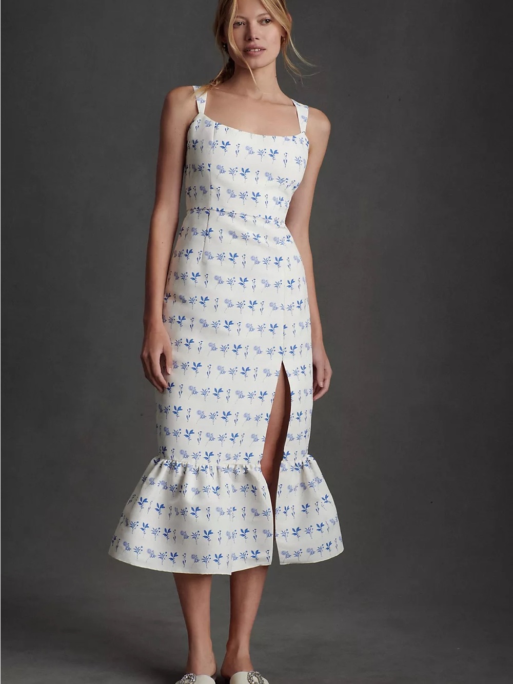 Sachin + Babi White Midi Dress with Blue Floral Print and Front Slit